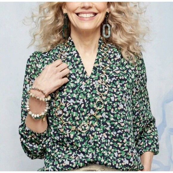 Chicos Abstract Dot Print Blouse Size 3 Womens XL Navy Kelly Semi Sheer Tunic - Picture 4 of 16